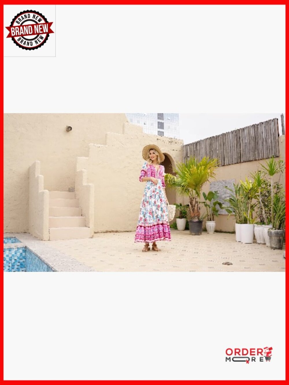 V Neck Floral Print Maxi Dress Bohemian Casual Short Sleeve - Picture 7 of 7